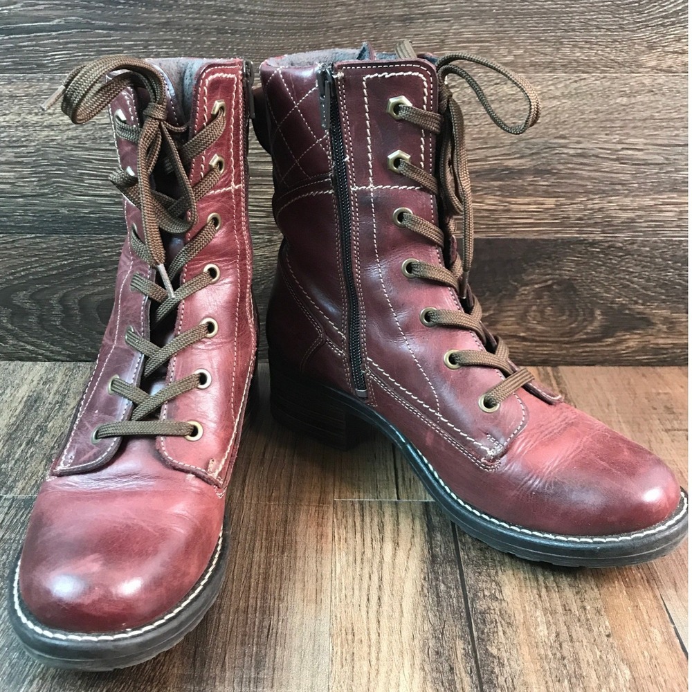 Taos Factor Dark Pink Leather Lace Up Combat Boots Faux Fur Lined Size 7.5 38 - Picture 3 of 16
